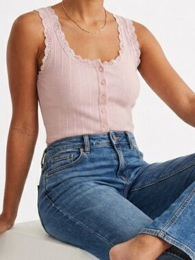Aeropostale 100% Cotton Pink Ribbed Lace-Trim Crop Tank Button Down Size M